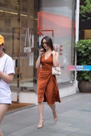 街拍棕色连衣裙高跟御姐